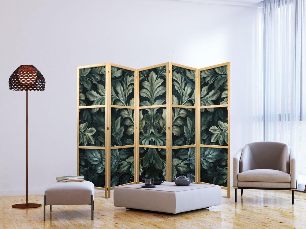 Japanese Room Divider - Dark Green Victorian Leaves - Botanical Carved Composition