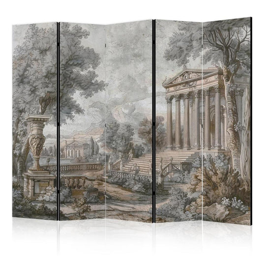 Room Divider - Antique Landscape - Greek Temple on a Hill Among Lush Vegetation- A 5 Panel Folding Screen For Living rooms, bedrooms or home office, decorative folding screen made with wood and canvas