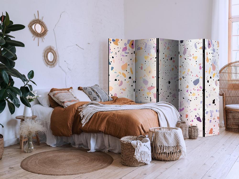 Room Divider - Terrazzo in Confetti Style - Violet-Pink - Colorful Pattern- A 5 Panel Folding Screen For Living rooms, bedrooms or home office, decorative folding screen made with wood and canvas