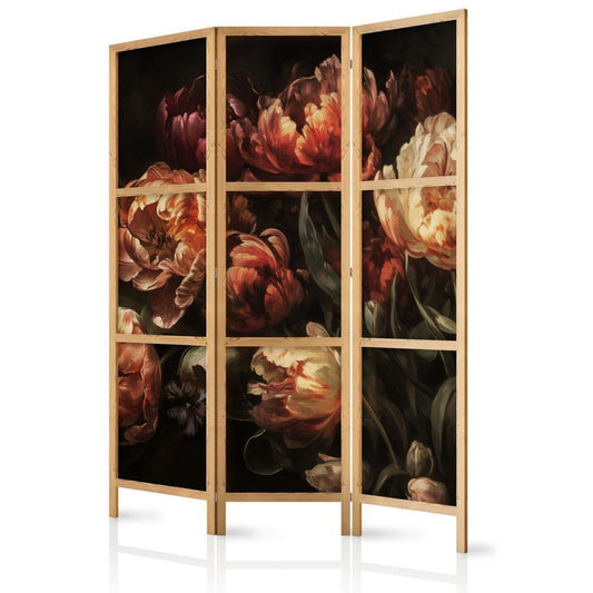 Japanese Room Divider - Magnificent Tulips - Bouquet of Flowers in Red and White on a Black Background