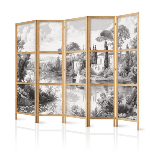 Japanese Room Divider - Black and White Vintage Landscape - Retro View of a Pond with a Boat