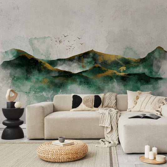 Wall Mural - Abstract landscape - green mountains with golden patterns and birds