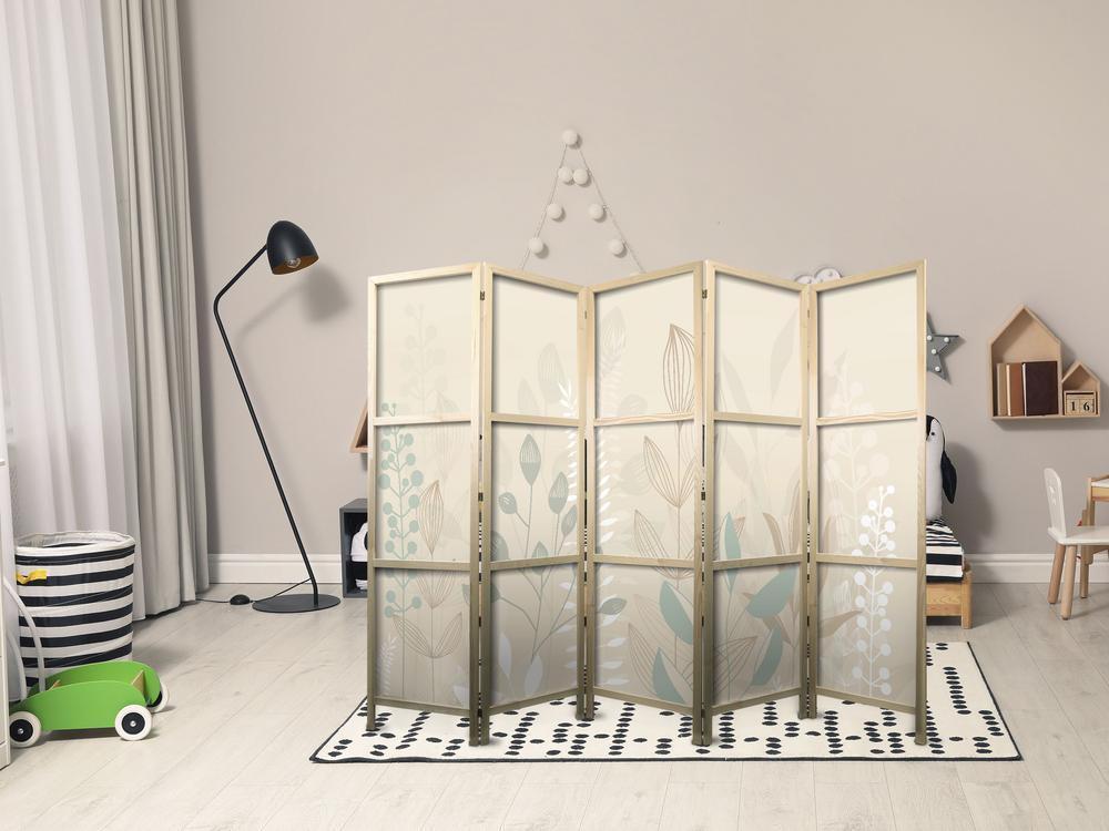 Japanese Room Divider - Morning in the Meadow - Various pastel plants on a beige background