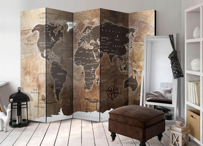 Room Divider - Map on the wood- A 5 Panel Folding Screen For Living rooms, bedrooms or home office, decorative folding screen made with wood and canvas