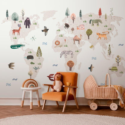 Wall Mural - Beige World - Continents With Animals in Muted Colours-Wall Murals-ArtfulPrivacy