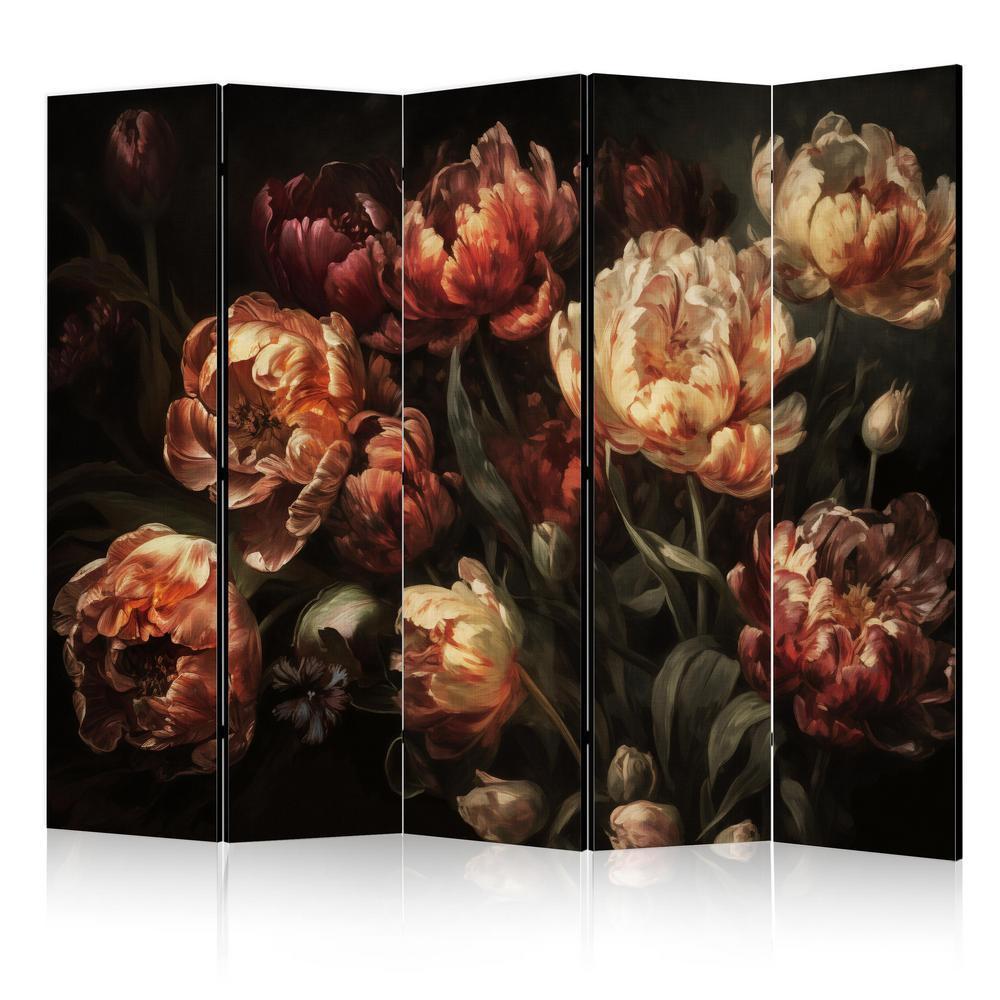 Room Divider - Magnificent Tulips - Bouquet of Flowers in Red and White on a Black Background- A 5 Panel Folding Screen For Living rooms, bedrooms or home office, decorative folding screen made with wood and canvas