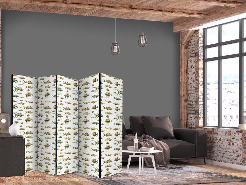 Room Divider - Unusual Species of Fish - a Cluster of Fish in Muted Colors in Retro Style Against a Background of Beige Streaks- A 5 Panel Folding Screen For Living rooms, bedrooms or home office, decorative folding screen made with wood and canvas