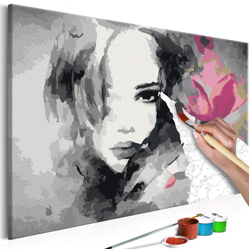 Start learning Painting - Paint By Numbers Kit - Black & White Portrait With A Pink Flower - new hobby
