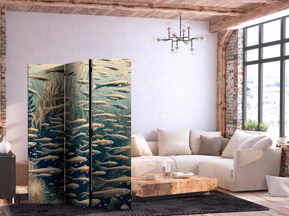 Room Divider - Life in the Ocean - Underwater World of Fish and Vegetation in Beige and Navy Colors in Retro Style