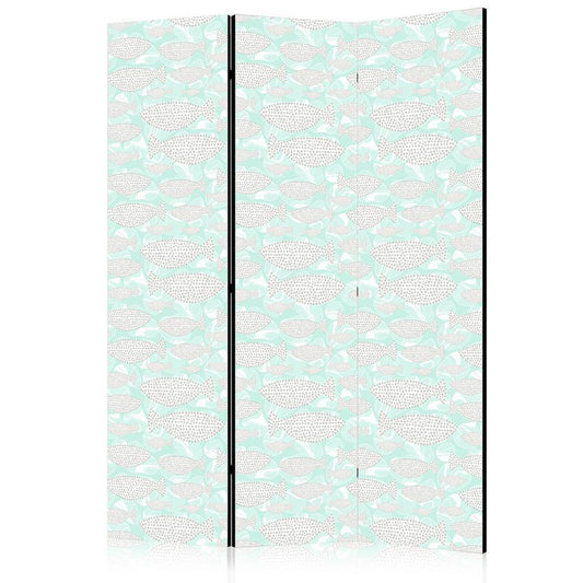 Room Divider - Minimalist Fish - Fish of Grey Dots on a Crystal Clear Water Surface in Mint Green Colors