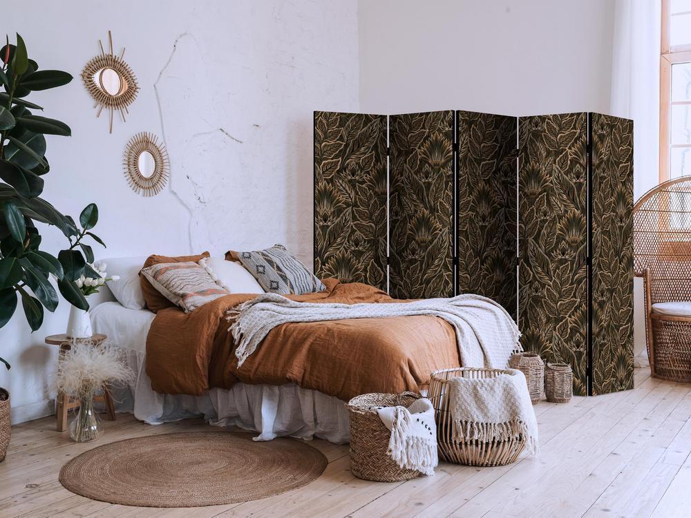 Room Divider - Dense Vegetation - Botanical Patterns in Illustrative Style Brown- A 5 Panel Folding Screen For Living rooms, bedrooms or home office, decorative folding screen made with wood and canvas