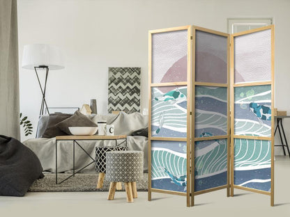 Japanese Room Divider - Koi Fish Among Waves - Japanese Fish Amidst Waves in Shades of Turquoise and White