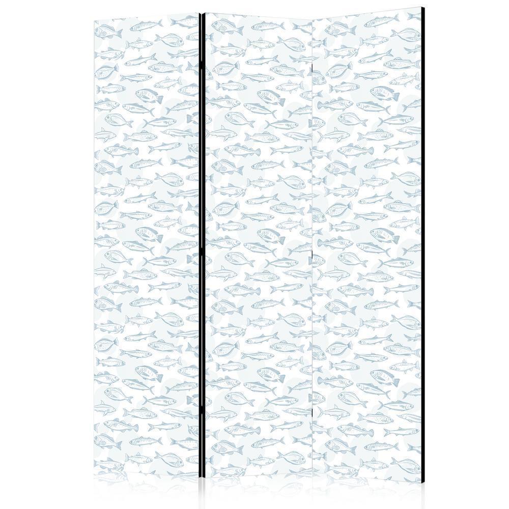 Room Divider - Blue Fish - Blue Outlines of Various Species of Fish on a White-Blue Background