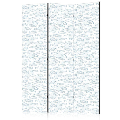 Room Divider - Blue Fish - Blue Outlines of Various Species of Fish on a White-Blue Background