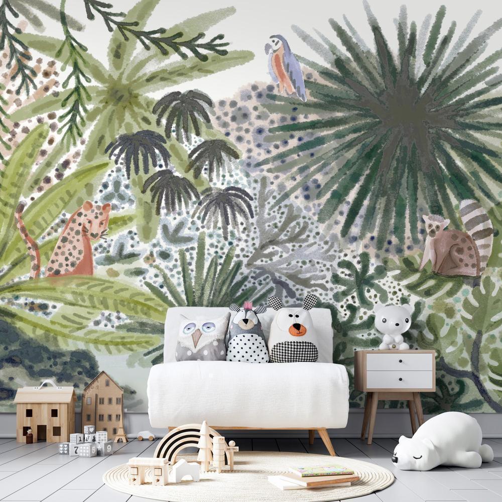 Wall Mural - Flora of Madagascar - Tropical Landscape With Watercolour Animals-Wall Murals-ArtfulPrivacy