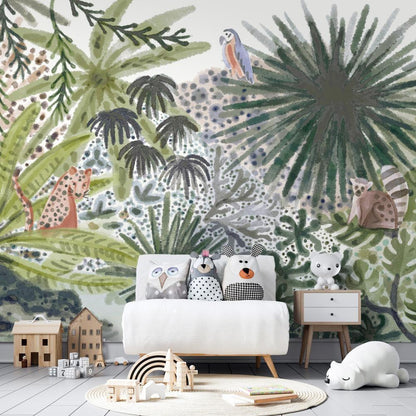 Wall Mural - Flora of Madagascar - Tropical Landscape With Watercolour Animals-Wall Murals-ArtfulPrivacy