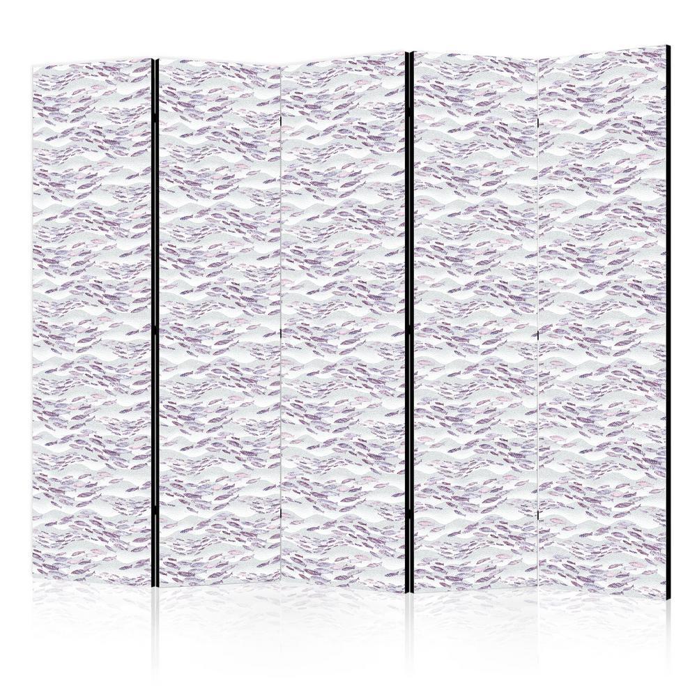 Room Divider - Fish in Muted Colors - a School of Small Fishes in Light Purple And Delicate Pink Against Grey Waves- A 5 Panel Folding Screen For Living rooms, bedrooms or home office, decorative folding screen made with wood and canvas