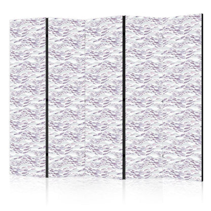 Room Divider - Fish in Muted Colors - a School of Small Fishes in Light Purple And Delicate Pink Against Grey Waves- A 5 Panel Folding Screen For Living rooms, bedrooms or home office, decorative folding screen made with wood and canvas