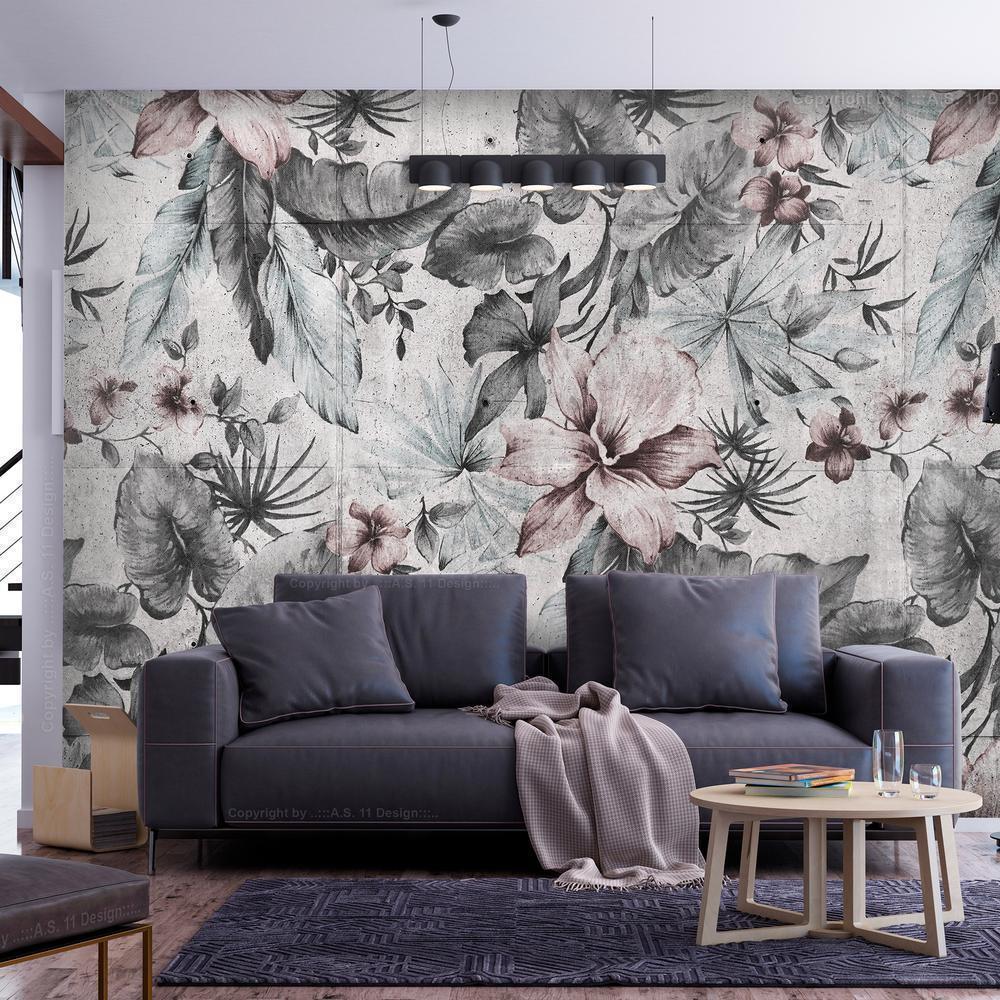 Wall Mural - Nature in retro style - landscape with leaves and flowers in grey tones-Wall Murals-ArtfulPrivacy