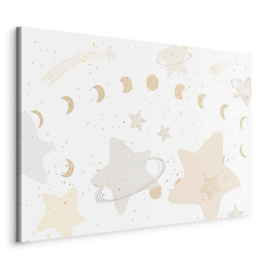 Impression sur toile - Galaxie de conte de fées - Phases de la lune dans des tons jaunes parmi des étoiles aux couleurs beige et cendrée avec de la poussière d'étoiles