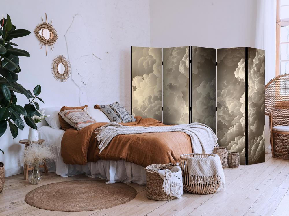 Room Divider - Whisper of Illuminated Clouds: Soft Light Play in the Sky Theater- A 5 Panel Folding Screen For Living rooms, bedrooms or home office, decorative folding screen made with wood and canvas