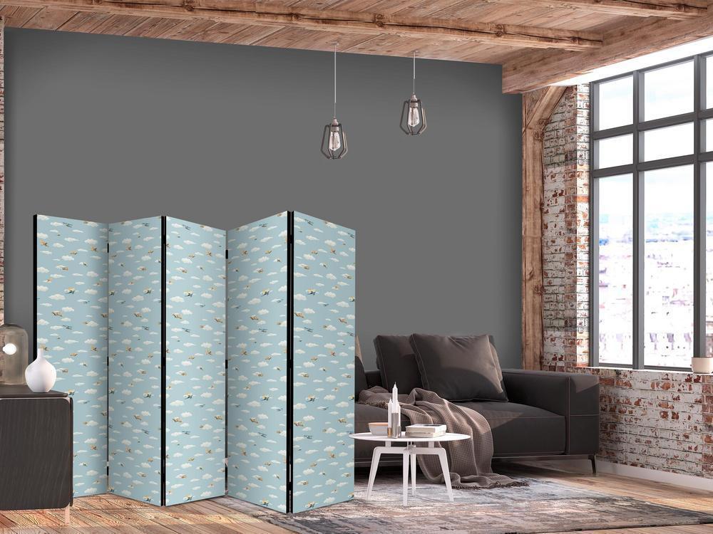 Room Divider - Illustration - Yellow-Blue Airplanes Against a Blue Sky- A 5 Panel Folding Screen For Living rooms, bedrooms or home office, decorative folding screen made with wood and canvas