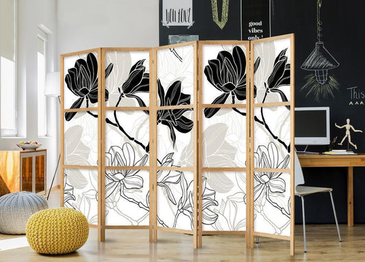 Shoji room Divider - Japanese Room Divider - Black and White Flowers II - ArtfulPrivacy