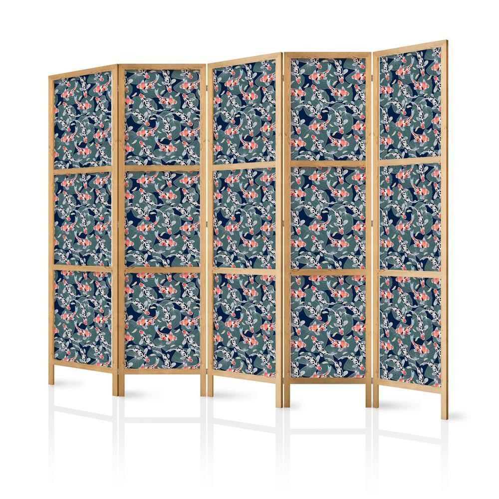 Japanese Room Divider - Fish Among Leaves - Colorful Koi Fish Among Dark Green Water Lily Leaves on a Navy Water Surface