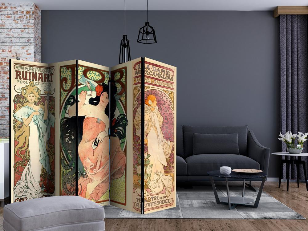 Room Divider - Alphonse Mucha Women's II- A 5 Panel Folding Screen For Living rooms, bedrooms or home office, decorative folding screen made with wood and canvas