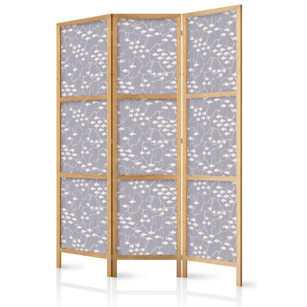 Japanese Room Divider - Underwater Shoal of Small Fish - Tiny Light-Beige Fish on the Background of Oceanic Depths in Gray Shades