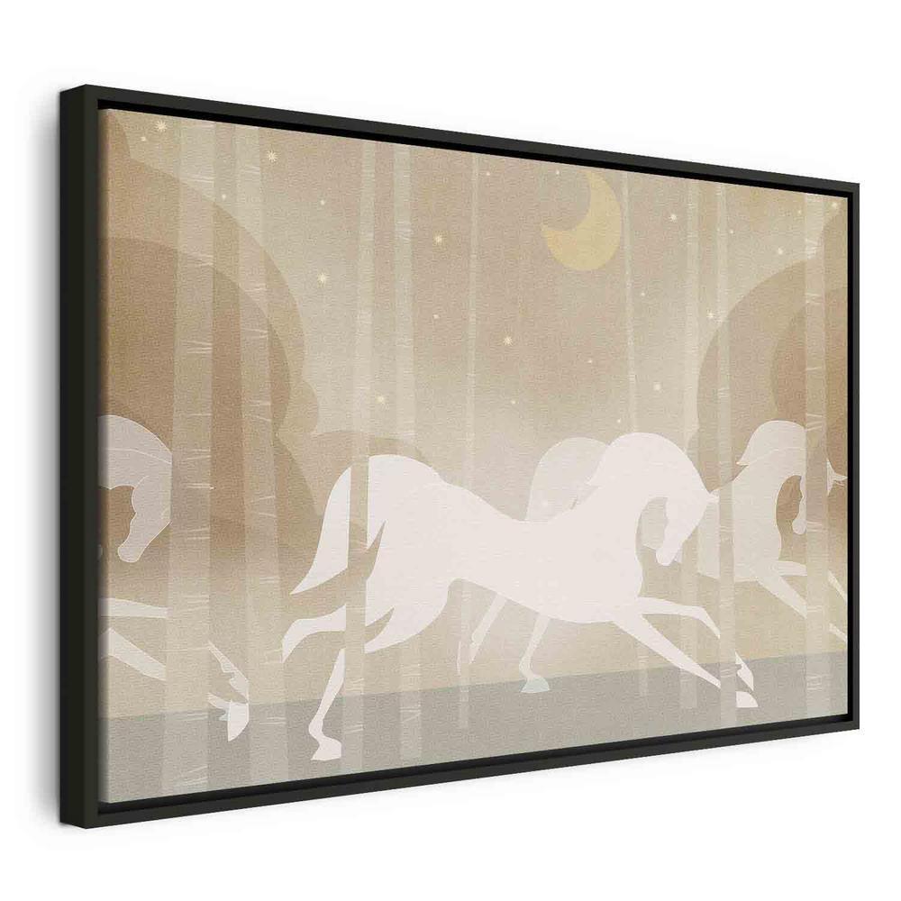 Impression sur toile - Chevaux de lune - Chevaux galopant parmi les arbres par une nuit étoilée