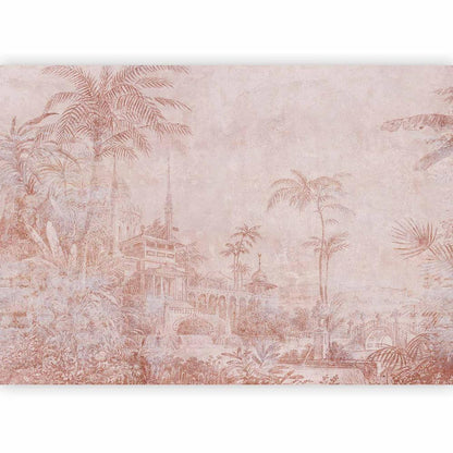 Papier peint - Paysage avec temple - gravure de l'architecture indienne avec des palmiers