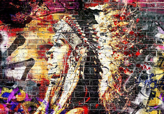 Wall Mural - Street art - colourful graffiti with profile of a woman on a brick background-Wall Murals-ArtfulPrivacy