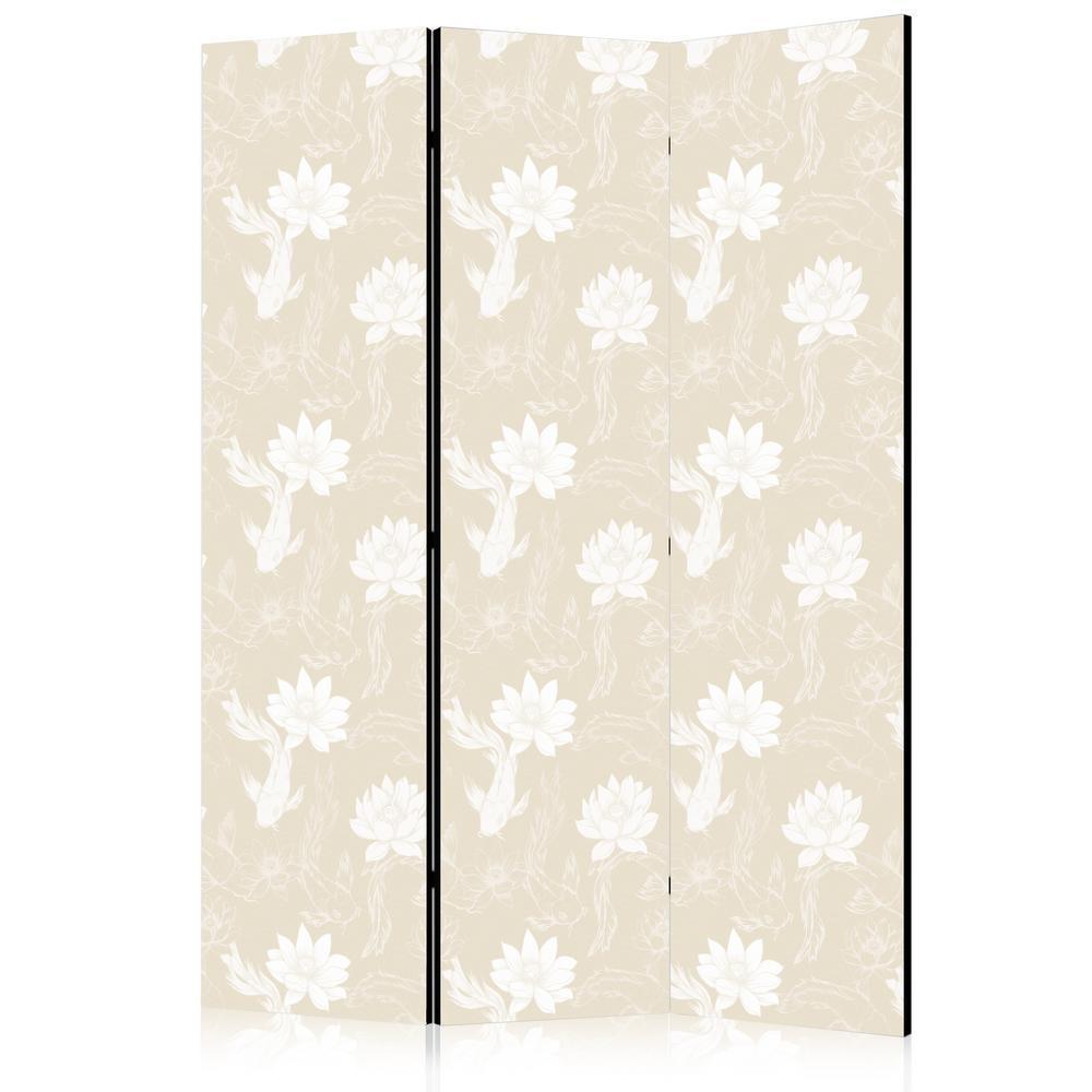 Room Divider - Fish and Water Lilies - Bright Oriental Fish Swimming Among Water Flowers on a Delicate Sand-Beige Background