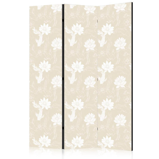 Room Divider - Fish and Water Lilies - Bright Oriental Fish Swimming Among Water Flowers on a Delicate Sand-Beige Background