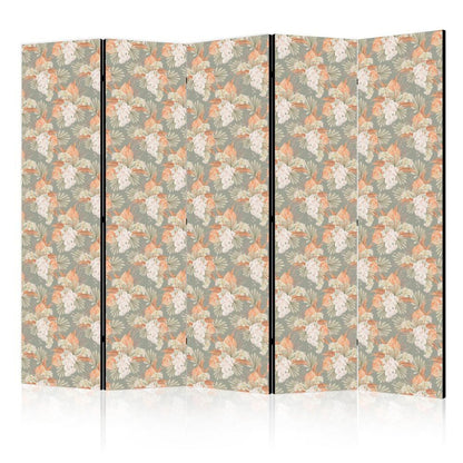 Room Divider - Little Bouquets - Exotic Flowers and Leaves on a Gray-Green Background- A 5 Panel Folding Screen For Living rooms, bedrooms or home office, decorative folding screen made with wood and canvas