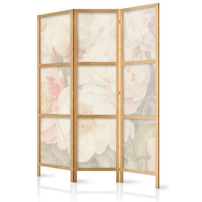 Japanese Room Divider - Blooming Peonies - Bright Large Flowers Enveloped in White Mist