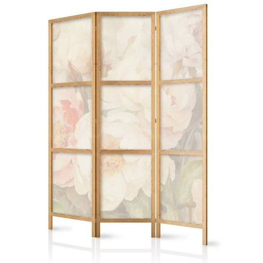 Japanese Room Divider - Blooming Peonies - Bright Large Flowers Enveloped in White Mist