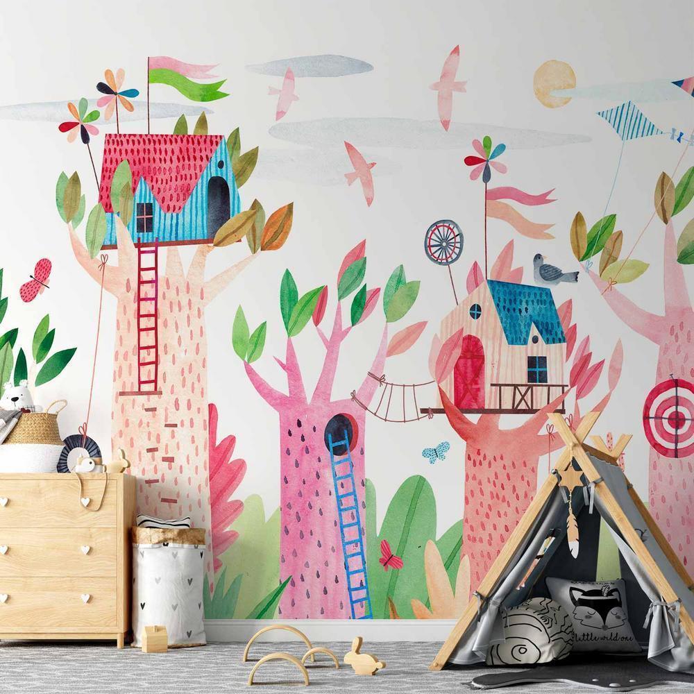 Wall Mural - Painted tree houses - a colourful fantasy with kites for children