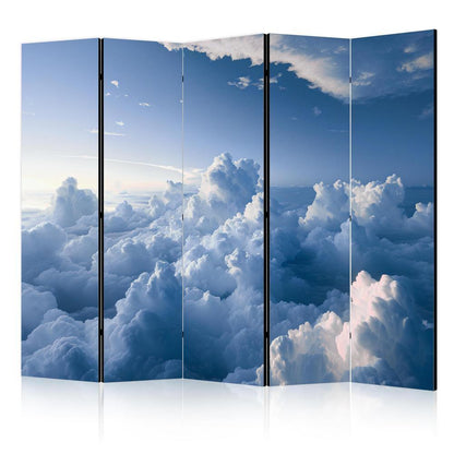 Room Divider - Aerial Landscapes: Rays Illuminating Fluffy Cloud Formations- A 5 Panel Folding Screen For Living rooms, bedrooms or home office, decorative folding screen made with wood and canvas