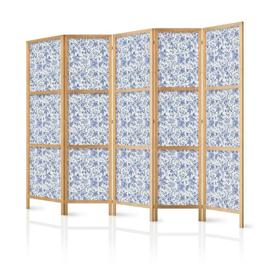 Japanese Room Divider - Illustration in Vintage Style - Blue Flowers on a White Background