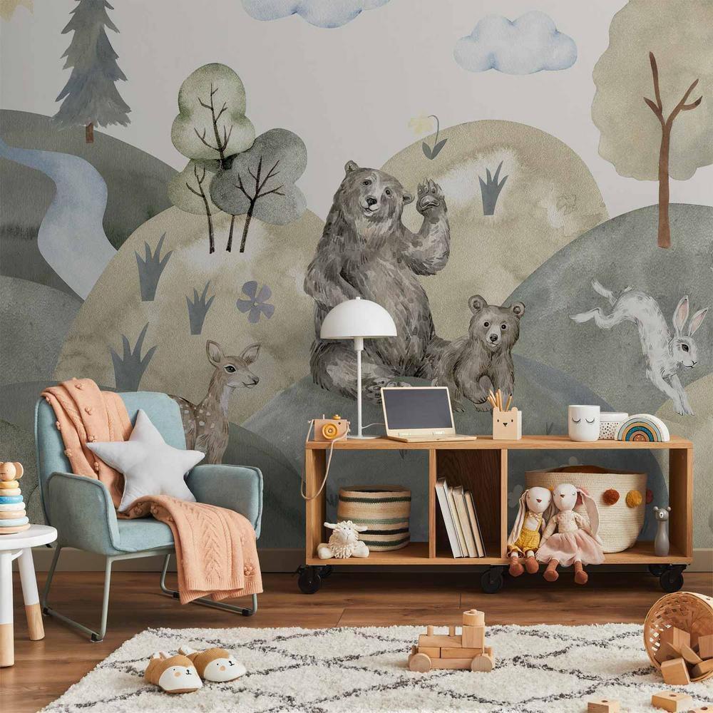 Wall Mural - Green Hills - a Valley With Animals Painted in Watercolours