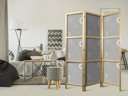 Japanese Room Divider - Cosmic Fireworks - Elegant Pattern with Moons and Stars on a Gray Background