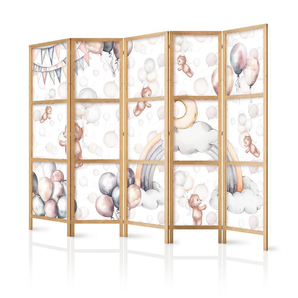 Japanese Room Divider - Plush Bears with Balloons - Flying light-brown bears among balloons - clouds - and rainbows in subdued - pastel colors