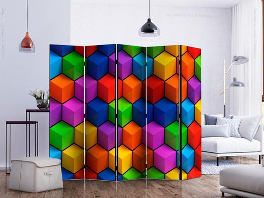 Decorative partition-Room Divider - Colorful Geometric Boxes II-Folding Screen Wall Panel by ArtfulPrivacy