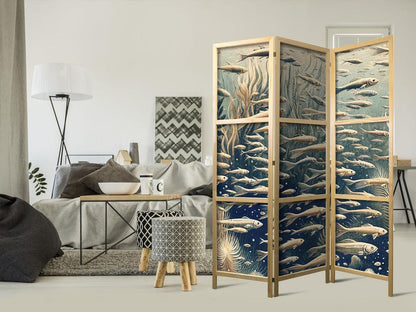 Japanese Room Divider - Life in the Ocean - Underwater World of Fish and Vegetation in Beige and Navy Retro Style