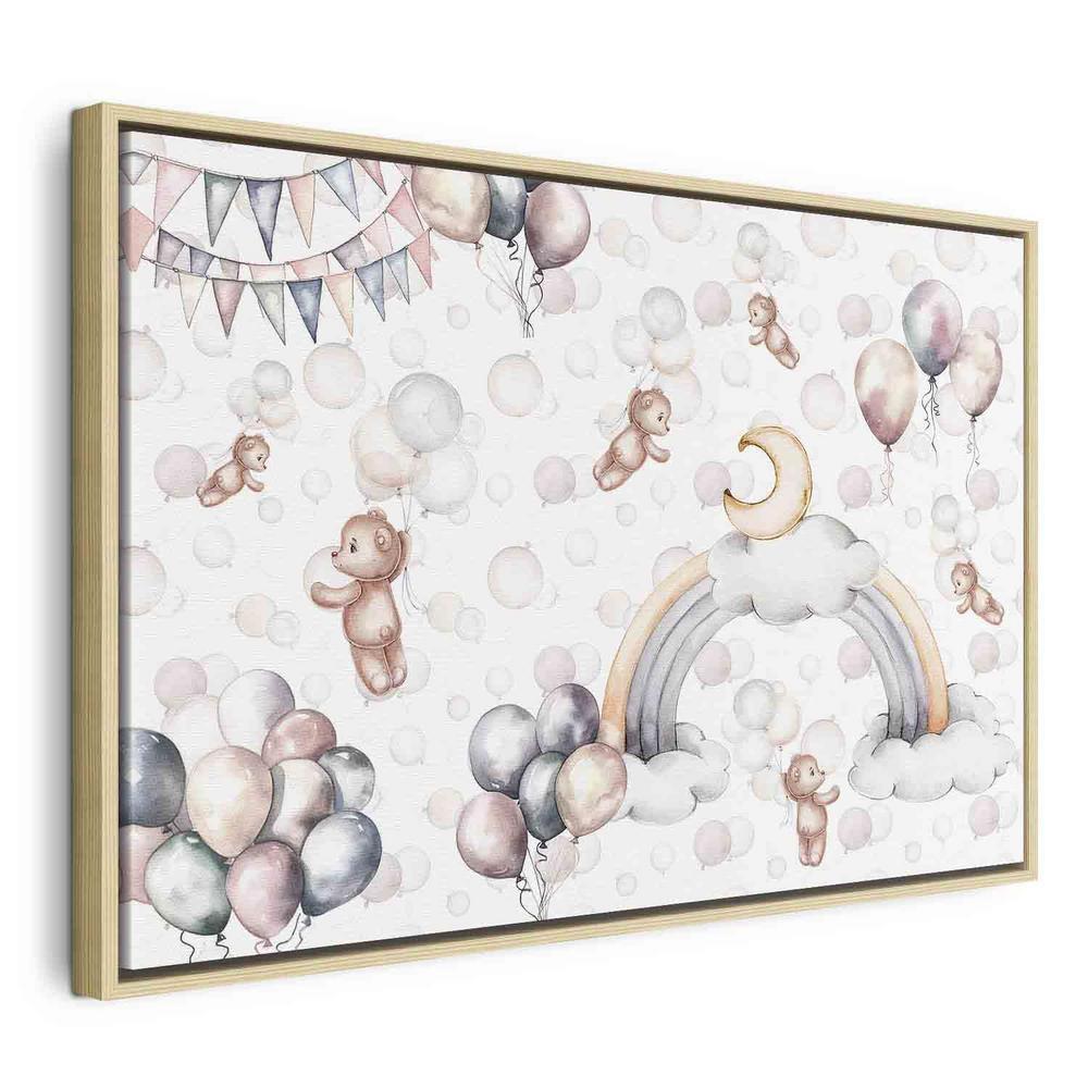 Impression sur toile - Oursons en peluche avec ballons - Oursons en peluche volants parmi des ballons Nuages ​​et arcs-en-ciel dans des teintes pastel subtiles