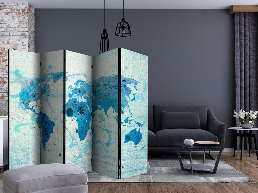 Room Divider - Cruising and sailing - The World map II- A 5 Panel Folding Screen For Living rooms, bedrooms or home office, decorative folding screen made with wood and canvas