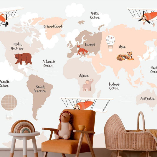 Wall Mural - Map in Shades of Beige - Continents With Animals-Wall Murals-ArtfulPrivacy