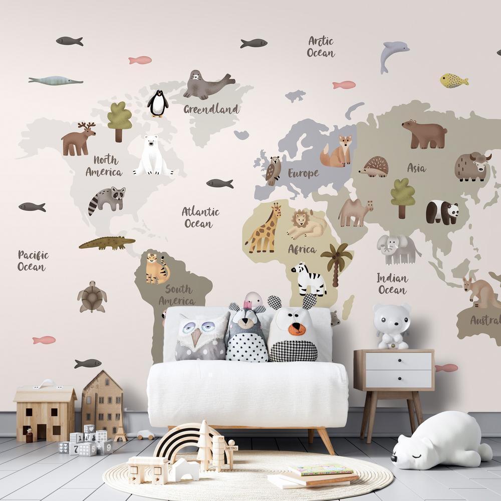 Wall Mural - Pastel Map - Animals and Continents for Children's Room-Wall Murals-ArtfulPrivacy